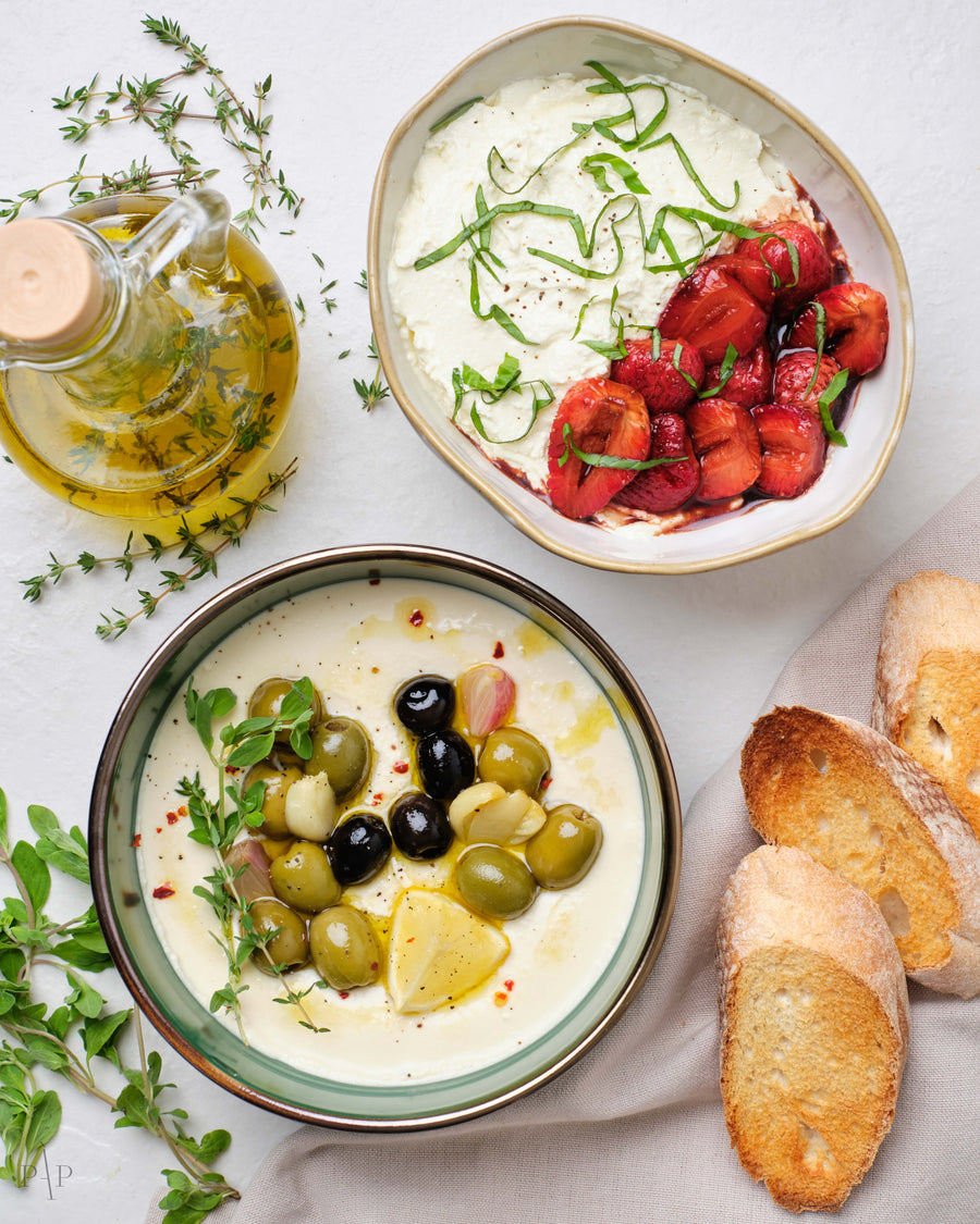 Honey Whipped Feta with Garlic Herb Roasted Olives