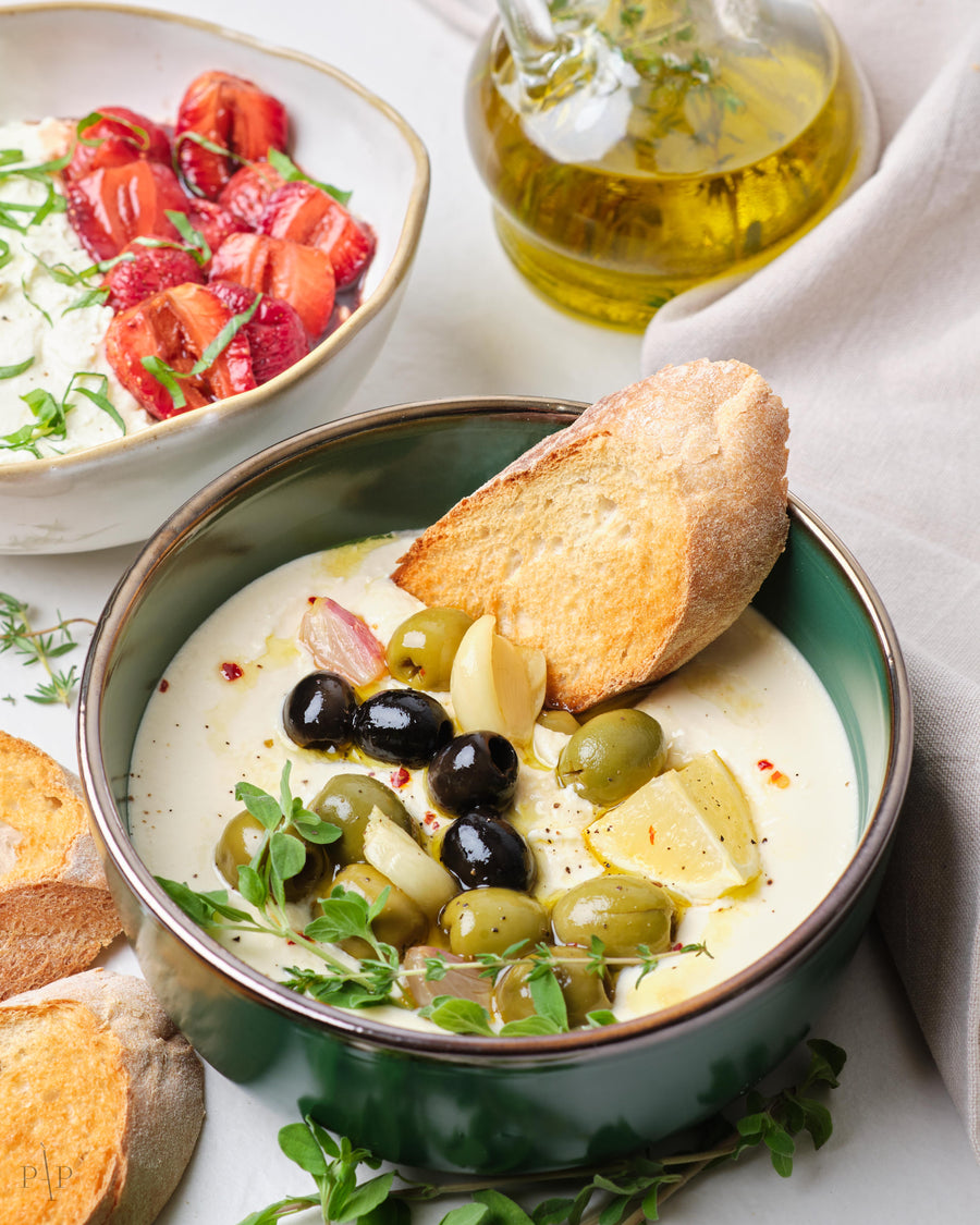 Honey Whipped Feta with Garlic Herb Roasted Olives